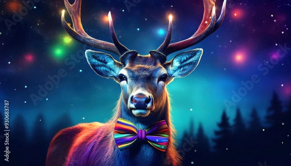 Obraz Christmas and Holidays.Pop-art Christmas reindeer wearing a sequined bow tie in pop art colors against a dark blue snowy night background with snowflakes and Christmas lights