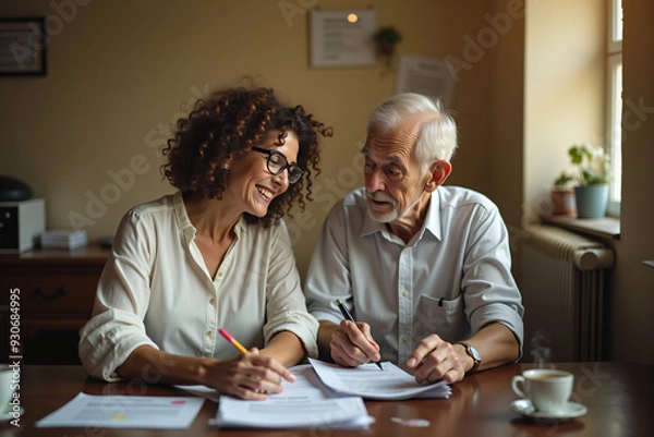 Fototapeta Social worker assisting elderly man with forms in office
