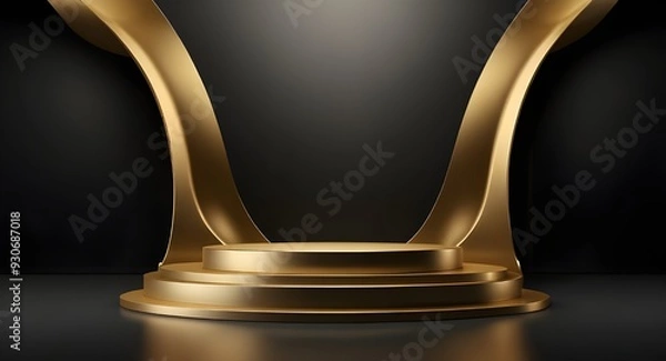 Fototapeta Gold black podium background 3D golden product line stage dark platform wave display. Design podium black luxury gold light scene pedestal presentation showcase event beauty shine object cosmetic sale