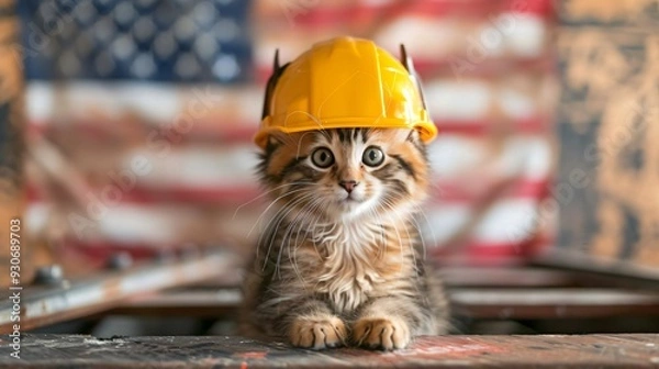 Obraz cat wearing construction helmet