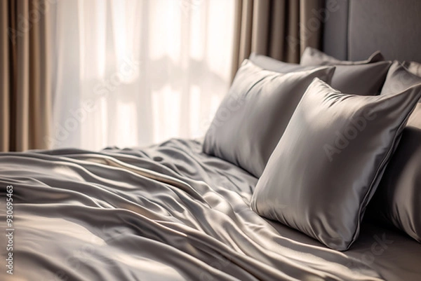 Fototapeta Close-up of a neatly made bed with luxurious, silky bed linens in soft, neutral tones. The morning light gently illuminates the smooth, inviting texture of the fabric.
