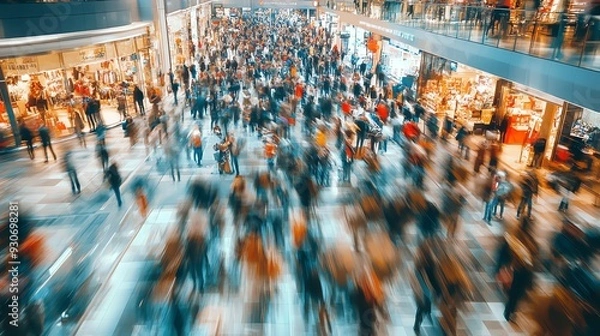 Obraz A blurred image of a busy shopping mall, with people moving in all directions.