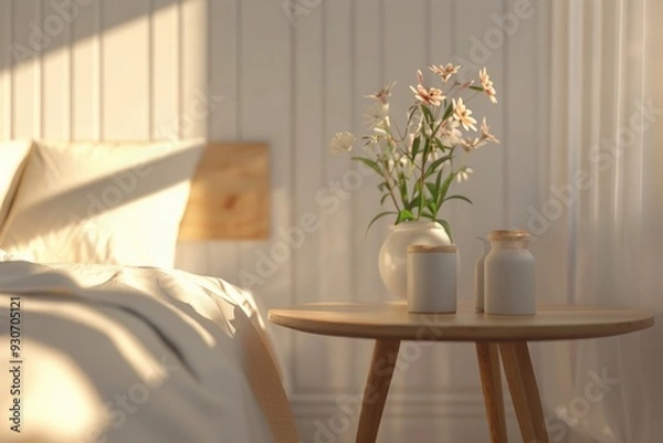 Fototapeta A small table with a beautiful vase of flowers, great for decorating or as a centerpiece