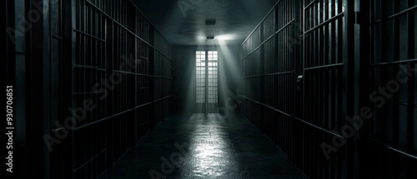 Fototapeta A long, narrow, dimly lit prison corridor with barred cells on either side. A single window at the end of the corridor casts a beam of light into the darkness. A dark, atmospheric generative AI image