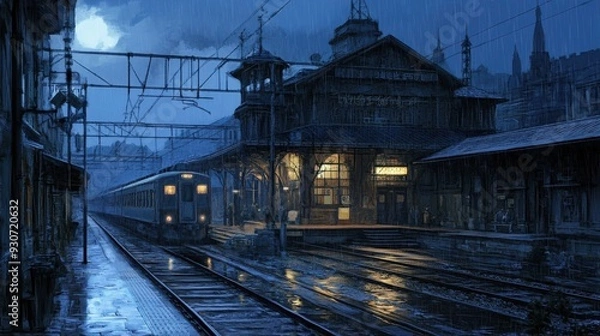 Fototapeta Spectacular Photorealistic Night View of Train Station with Illuminated Cityscape Landscape