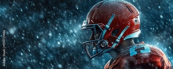 Fototapeta American football player in red helmet under snowfall