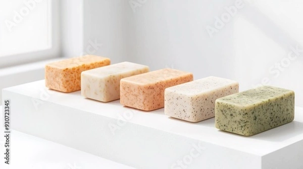 Fototapeta Assortment of colorful natural handmade soap bars on white surface.