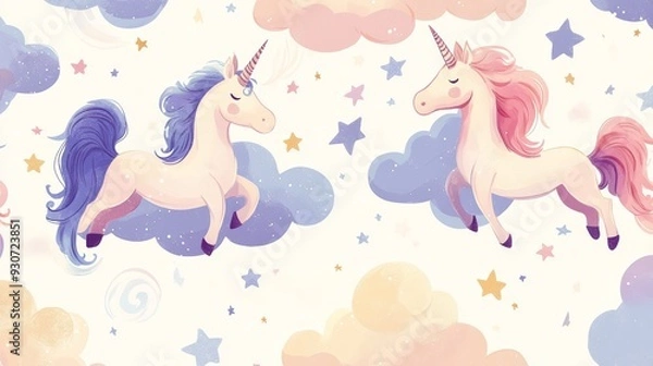 Fototapeta Two whimsical unicorns prance among pastel clouds and stars, creating a dreamy atmosphere perfect for enchanting designs