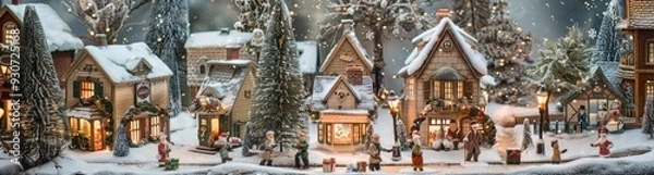 Fototapeta A picturesque view of a Christmas village with quaint shops and houses, snow - covered rooftops, and people walking with gifts