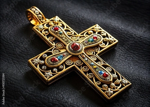 Fototapeta Intricately designed golden Orthodox cross with ornate details and enamel inlays, set against a rich velvety black background, evoking spirituality and reverence.