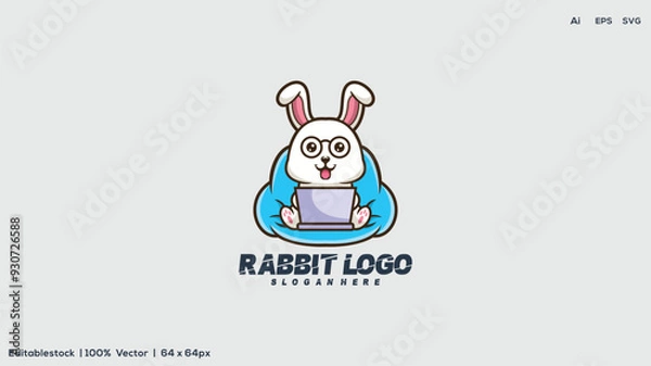 Obraz Simple, minimalistic rabbit in hole logo. Cute cartoon bunny vector illustration.