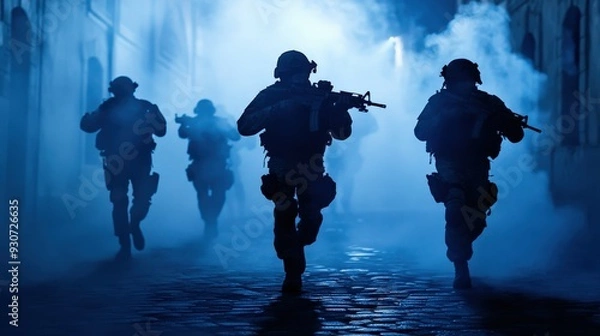 Fototapeta Intense SWAT Team in Action: Members Preparing for Mission with Full Gear
