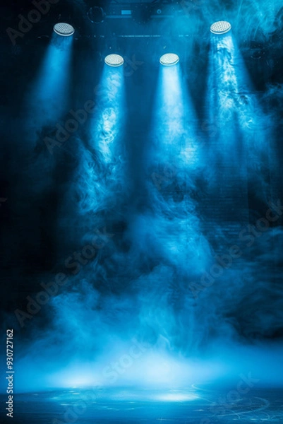Fototapeta Blue stage lights illuminating round platform with smoke effect