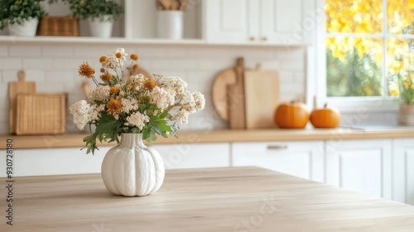 Obraz A vase of flowers sits on a wooden table in a kitchen. The flowers are white and orange, and the vase is white and orange as well. The kitchen is clean and well-organized
