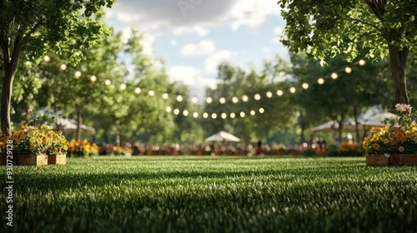 Obraz A park with a large green field and trees. The trees are lit up with lights and there are several umbrellas set up