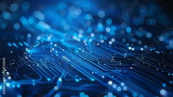 Fototapeta Abstract digital circuit board with glowing blue lines and dots.