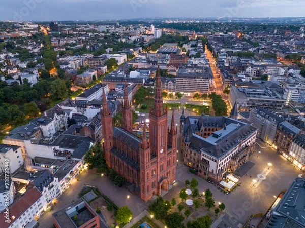 Fototapeta Aerial Drone Shot of Cathedral at Marktkirche in Wiesbaden, Germany. Old town and the city center at Evening Twilight.