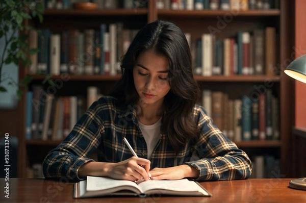 Obraz Focused Student Writing in Library Study Area
