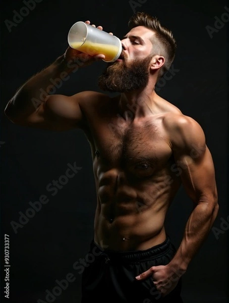 Obraz Muscular guy drinking water after training
