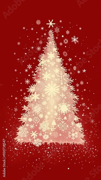 Obraz Stylized Snowflake Christmas Tree on Red Background