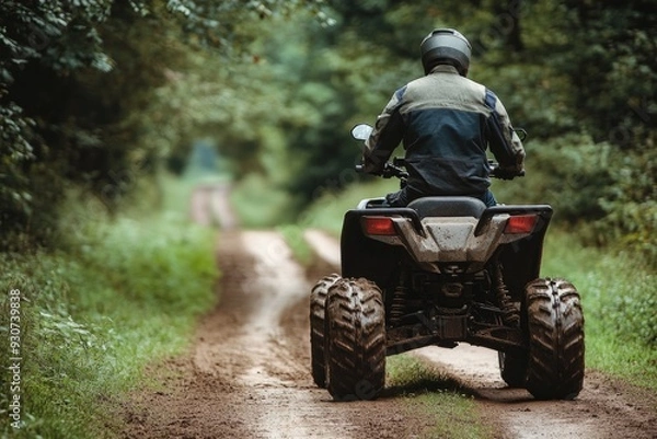 Fototapeta Four Wheeler Adventure: Quad Bike Riding Cross Country on a Dirt Road from Behind