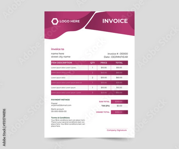 Fototapeta Business invoice form template. clean invoice template vector design. professional invoice design.