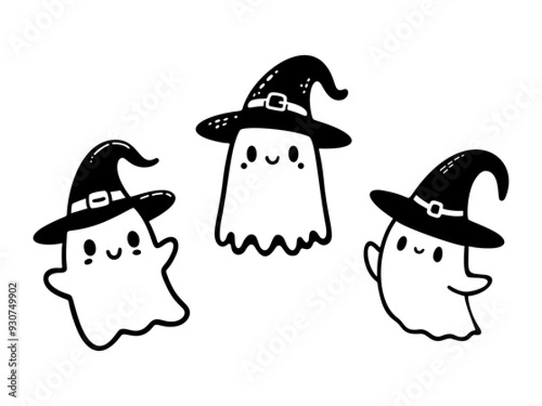 Obraz Cute outline ghosts in witch hat. Vector illustration.