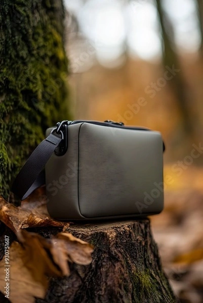 Fototapeta A gray camera case sitting on top of a tree stump