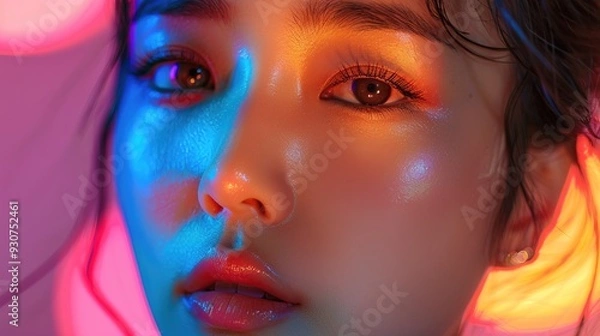 Fototapeta High fashion model korean woman in colorful bright lights posing in studio, Portrait of beautiful sexy girl with trendy make-up on colorful background