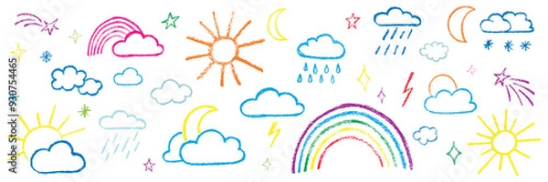 Fototapeta Chalk kid cloud weather symbols set. Vector stock illustration isolated on white background for design template travel blog, meteorology forecast. Kit textural crayon hand drawing symbols.