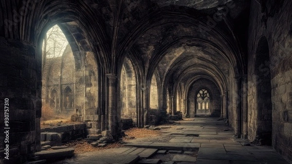 Fototapeta Decayed Old Cathedral. Ancient Stone Architecture with Arched Tunnel in Medieval Castle