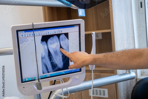 Fototapeta Conversation between dentist and muslim female wearing hijab looking at her tooths x-ray scan on the screen and the doctor is describing her treatment plan to avoid such illness and toothache again