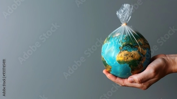 Fototapeta Earth in a Bag, a thought provoking visual of a human hand cradling the planet within a plastic bag, symbolizing the fragile state of our environment amid climate change.