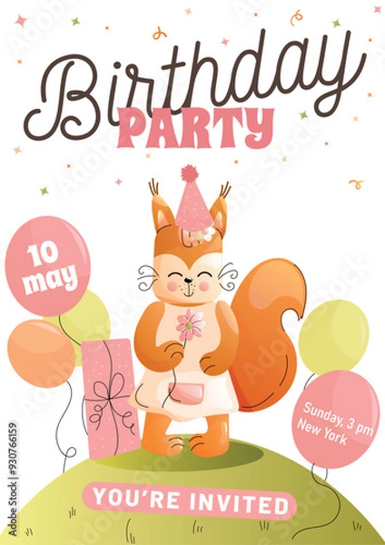 Obraz Childrens birthday invitation cute fox, festive balloons, and a gift on a white background. Vector
