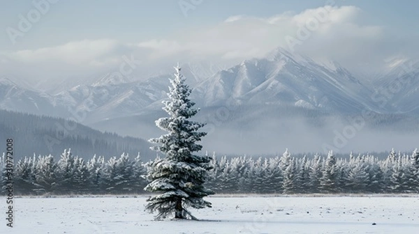 Fototapeta A serene winter landscape featuring a snow-covered tree and majestic mountains in the background.