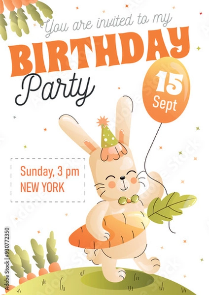 Obraz Childrens birthday invitation with a cute rabbit carrying a gift of carrots and holding a balloon. Vector