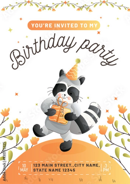 Obraz Childrens birthday invitation with a cute raccoon carrying a festive gift on a white background. Vector