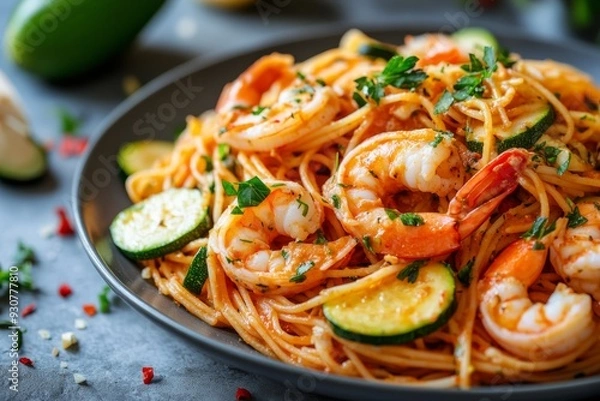 Fototapeta Seafood spaghetti topped with juicy prawns and fresh zucchini, garnished with herbs, presented on a black plate in a well-lit, inviting environment