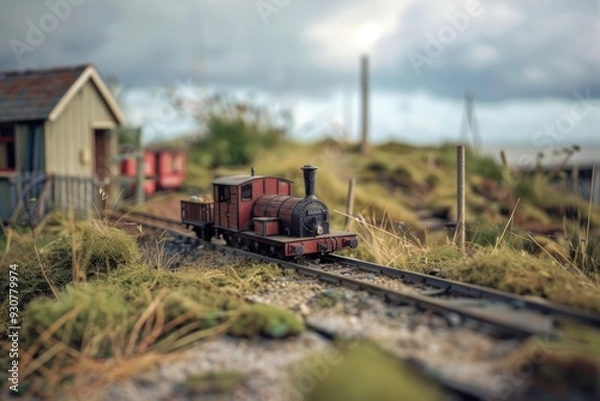 Fototapeta A toy train on a track near a small building, ideal for illustrations and designs