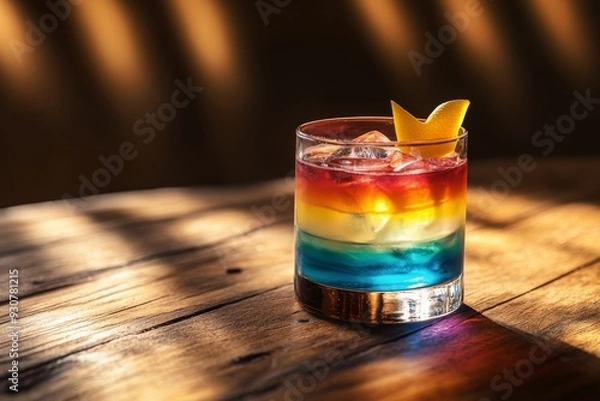Fototapeta A cocktail glass displays bright, layered colors with ice cubes and a citrus garnish, set on a rustic wooden table bathed in warm light