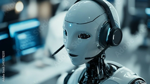 Fototapeta A humanoid robot with a headset, designed for communication and interaction.