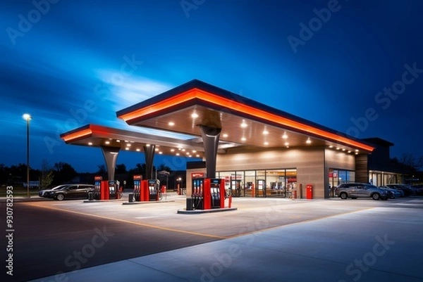 Obraz A sleek gas station features multiple fuel pumps glowing brightly under even lighting during twilight, inviting customers for refueling and convenience
