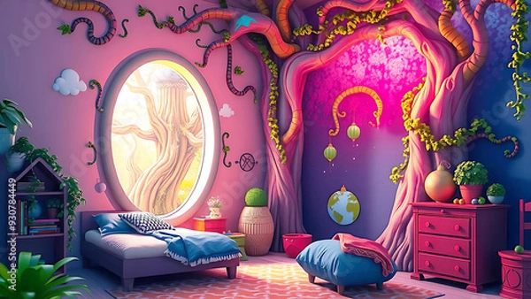 Fototapeta fantasievolles Zimmer Kinderzimmer mit einer leuchtenden Öffnung aus Wurzeln Zweigen eines Baumes mit Blick in einen natürlich magischen Wald wie eine andere Dimension kindlicher Fantasie lebendig 