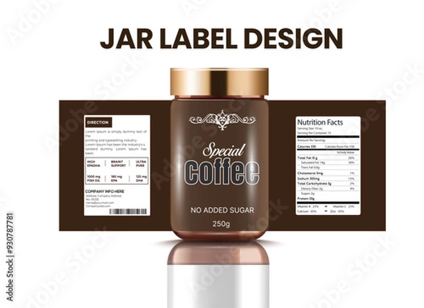 Fototapeta Vector realistic instant coffee jar label design. A closed jar with  Label for coffee powder mockup