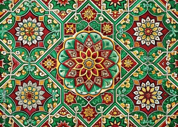 Fototapeta Vibrant Moroccan-inspired tile pattern features intricate geometric shapes, Arabic calligraphy, and ornate florals in a rich color palette of emerald green, crimson, and gold.