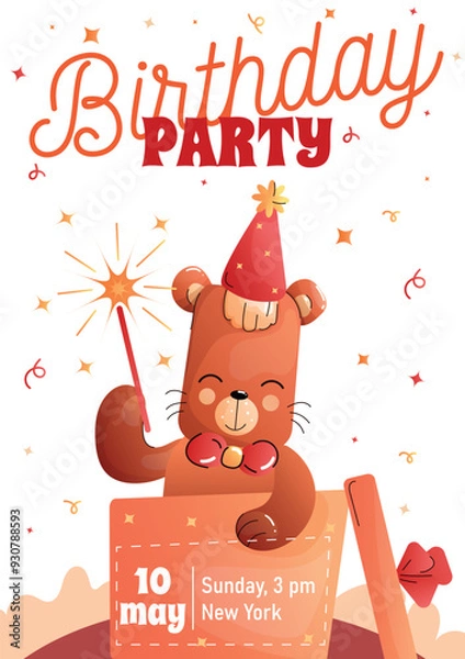 Obraz Childrens birthday invitationwith a cute bear in a gift box on a white background. Vector