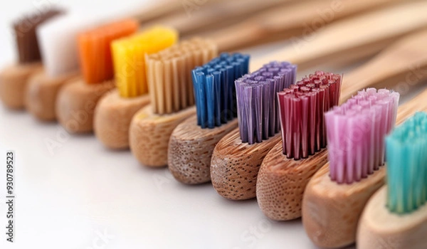 Fototapeta A row of wooden toothbrushes with different colors. Concept of variety and diversity