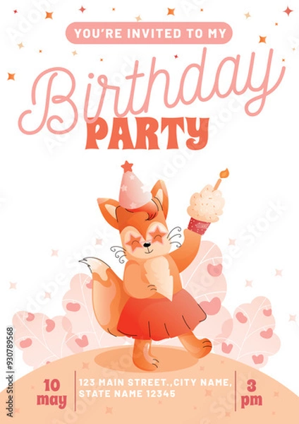 Obraz Childrens birthday invitation with a cute fox in a festive hat and a cake on a white background. Vector