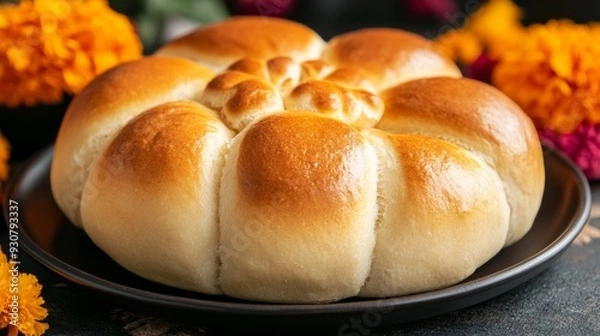 Fototapeta A round bread loaf with a flower design on top sits on a black plate