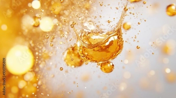 Fototapeta Energetic Exosomes in Amber Fluid - Microscopic Particles with Golden Light Scattering